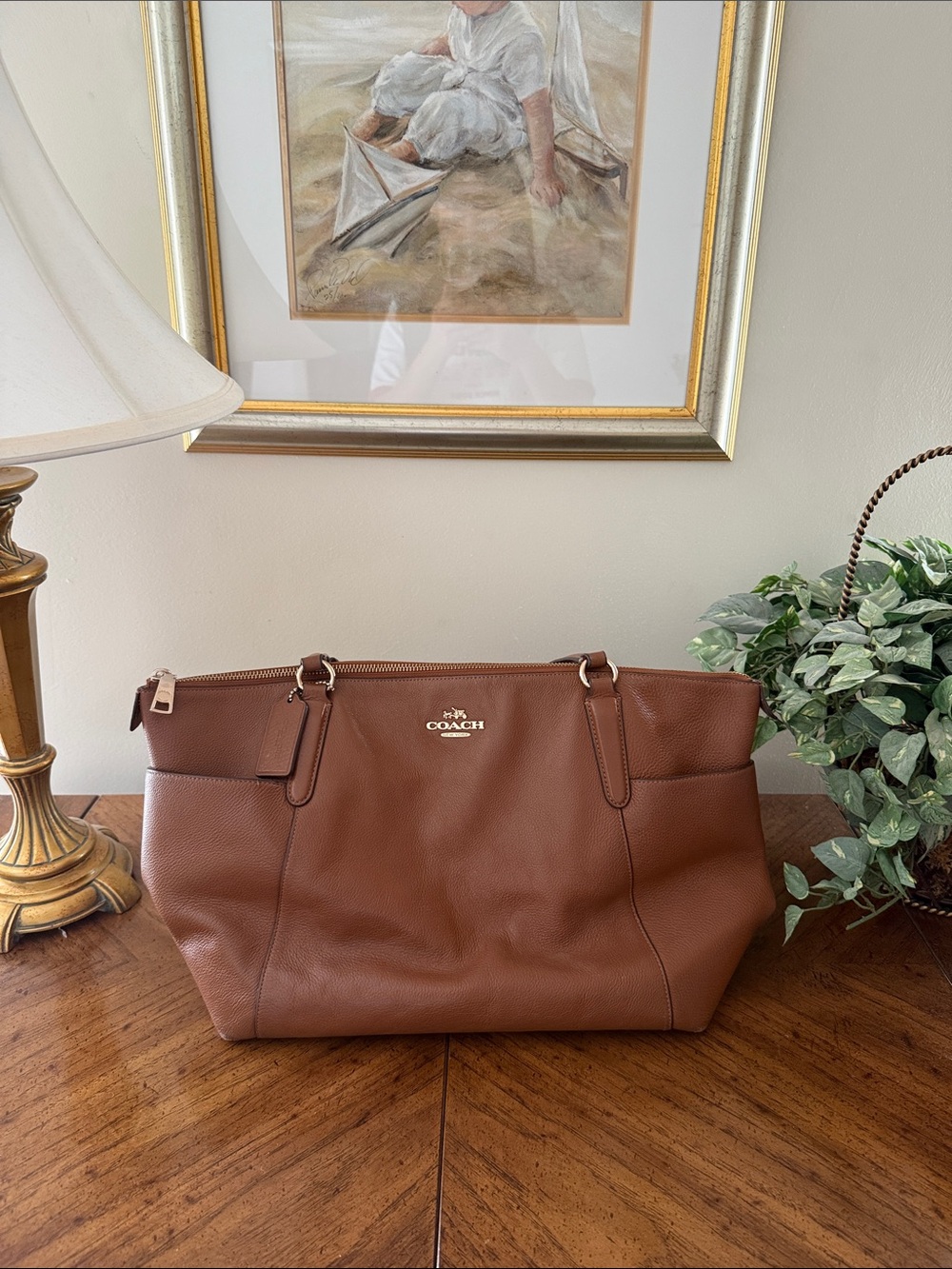 Coach Brown Leather Tote with Gold Tone Logo